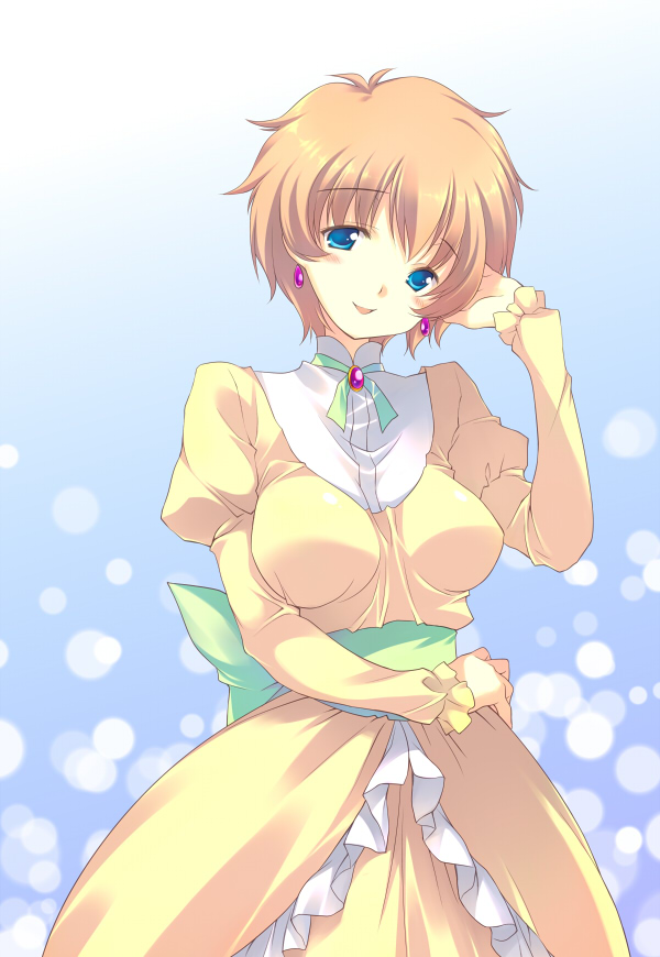 1girl, ban_keiko, blue_background, blue_eyes, brooch, character_request, dress, earrings, futari_wa_precure, head_tilt, heartcatch_precure!, inase_shin'ya, jewelry, orange_hair, precure, short_hair, smile, solo, yellow_dress