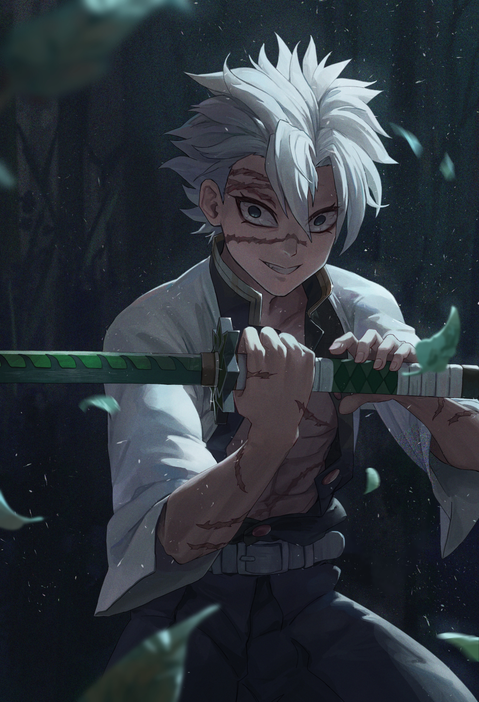 1boy, belt, black_eyes, demon_slayer_uniform, fighting_stance, fingernails, grin, haori