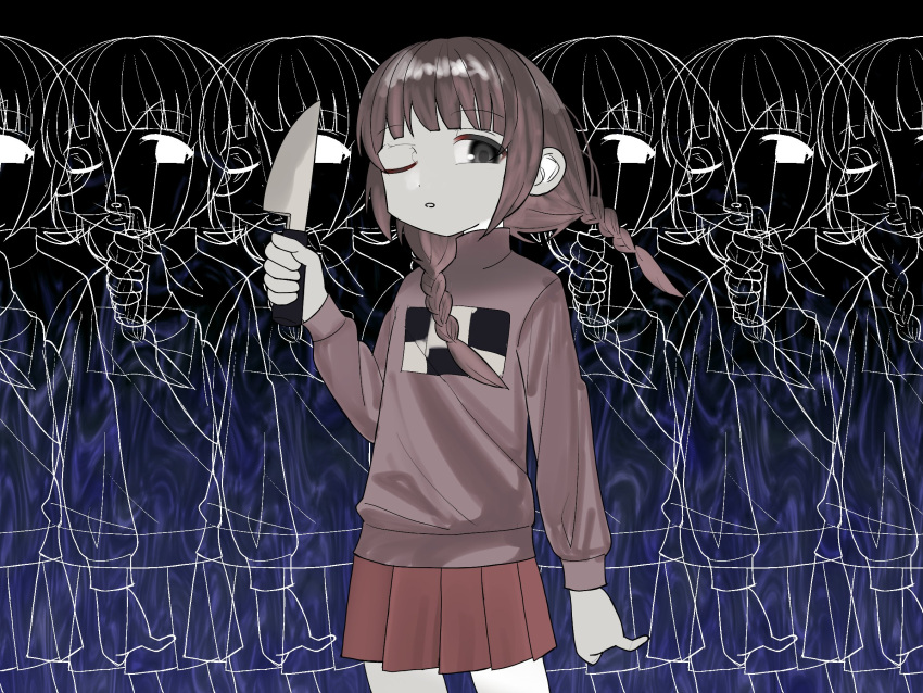 1girl, arm_at_side, black_background, black_eyes, blunt_bangs, braid, brown_hair, cowboy_shot