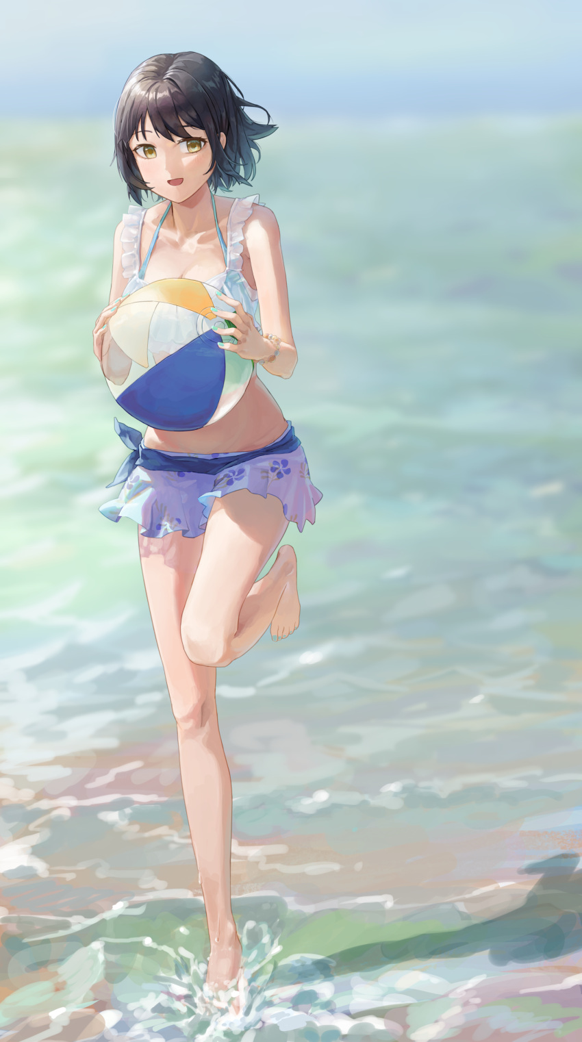 1girl, absurdres, ball, beachball, bikini, brown_hair, day, foot_up