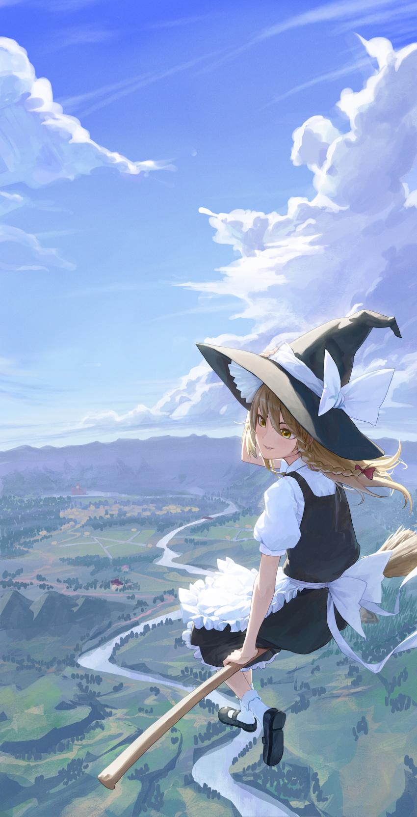 1girl, absurdres, apron, black_dress, black_footwear, blonde_hair, blue_sky, bow