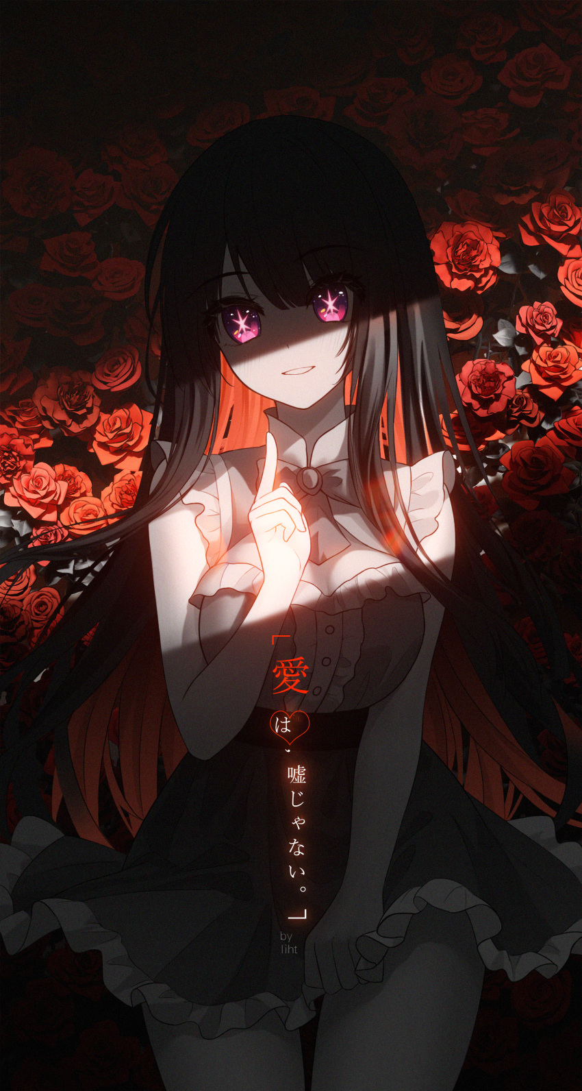 1girl, absurdres, alternate_hair_color, artist_name, black_hair, blush, colored_inner_hair, commentary