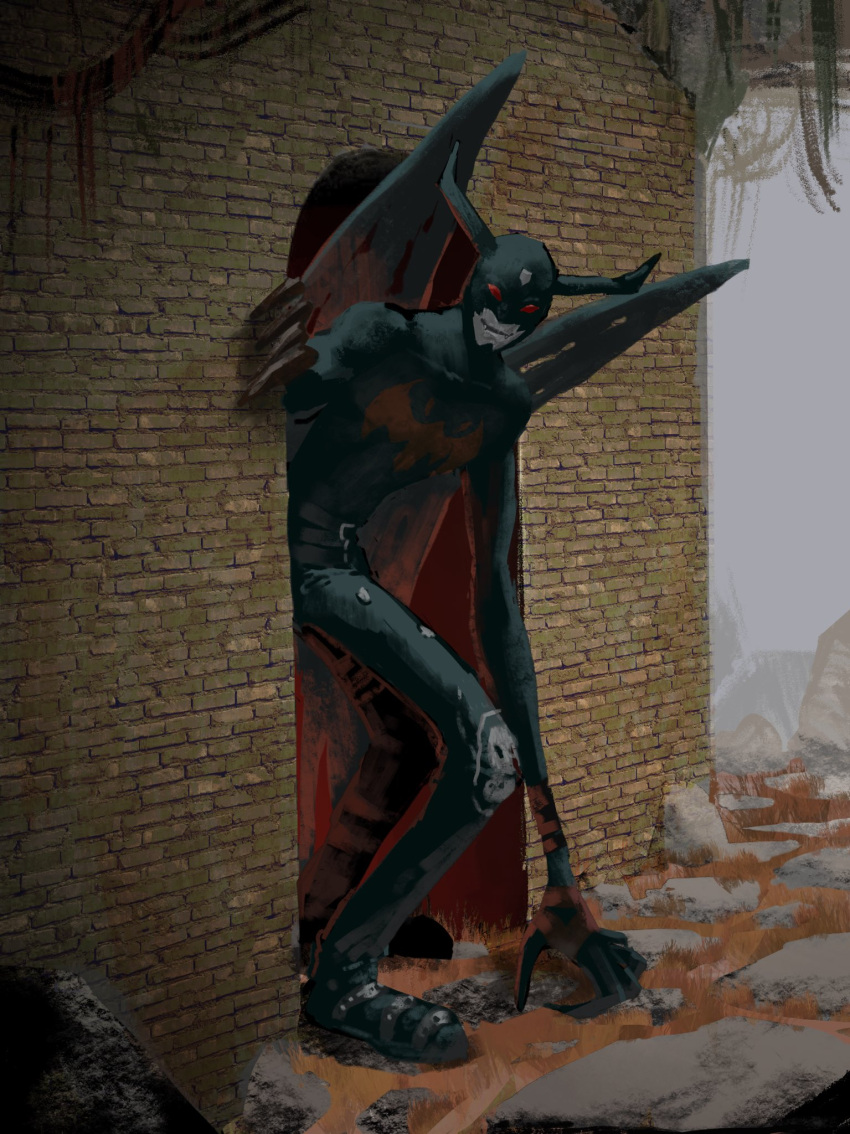 belt, black_belt, black_footwear, bly_mead, brick_wall, demon_horns, devimon, digimon, digimon_(creature), fangs, highres, horns, red_eyes, rock, solo, tall, wings