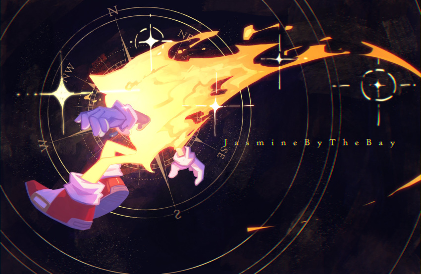 1boy, animal_ears, artist_name, back, black_background, compass_rose_halo, fire, furry, furry_male, gloves, halo, hand_up, hedgehog, hedgehog_ears, hedgehog_tail, highres, jasmin_bythebay, male_focus, red_footwear, shoes, sneakers, socks, solo, sonic_(series), sonic_the_hedgehog, sparkle, star_(symbol), super_sonic, tail, white_gloves, white_socks, yellow_fur