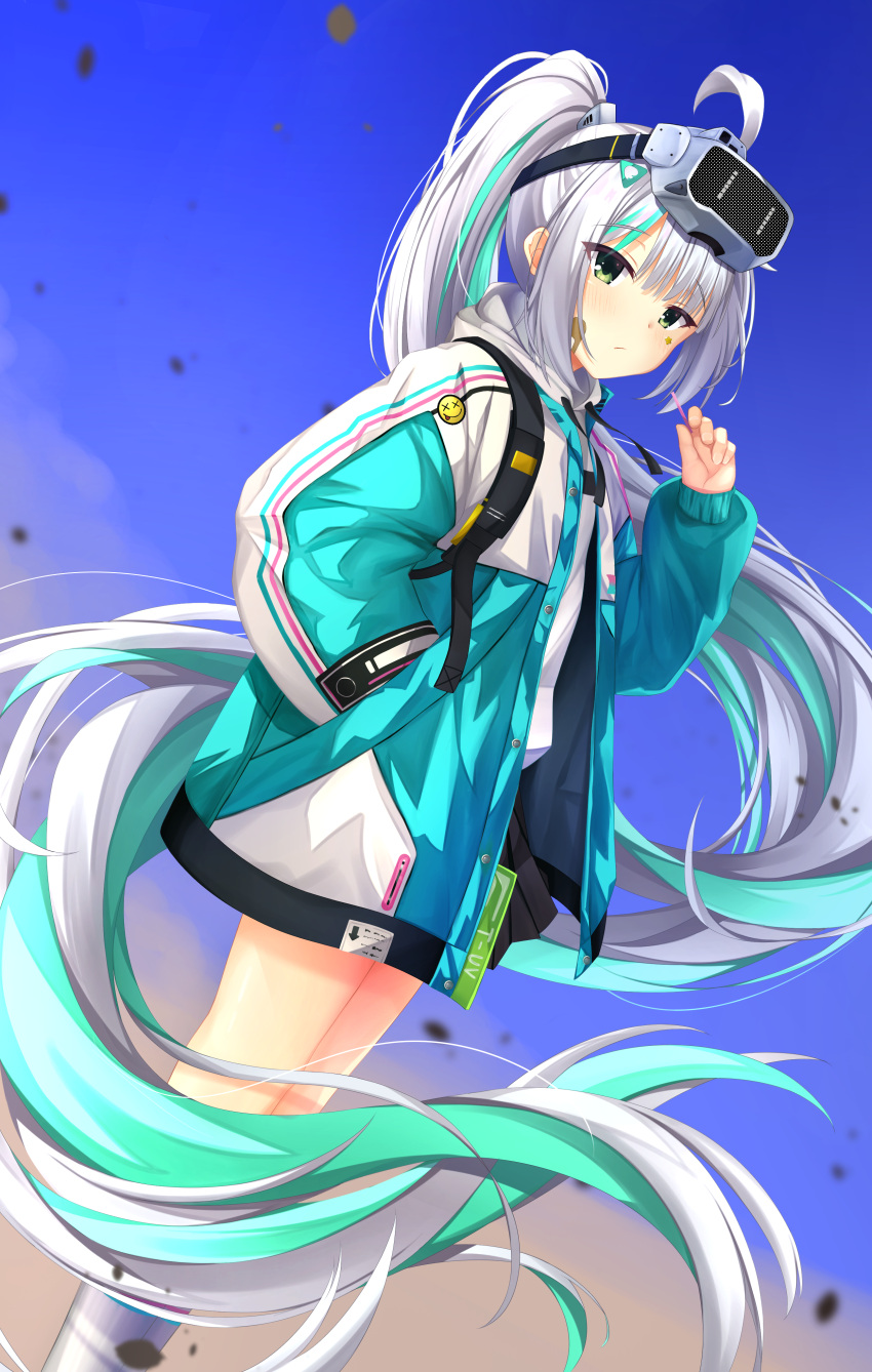 1girl, absurdres, ahoge, bandaid, bandaid_on_cheek, bandaid_on_face, black_skirt, blue_jacket