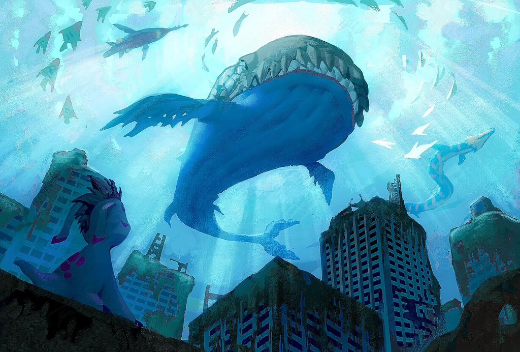 bly_mead, building, city, digimon, digimon_(creature), fangs, fish, gomamon, looking_at_another, moss, no_humans, scenery, seadramon, size_difference, submarimon, swimmon, tail, underwater, underwater_city, water, whale, whamon