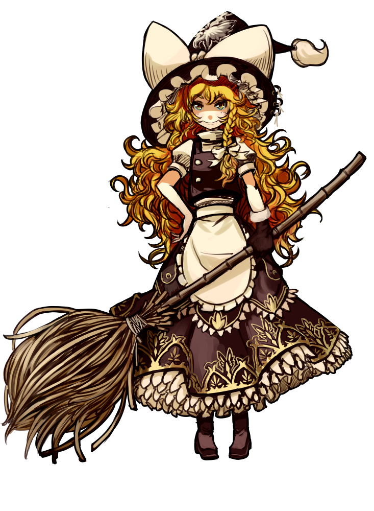 apron, bamboo-shafted_broom, bamboo_broom, blonde_hair, bow, braid, broom, buttons