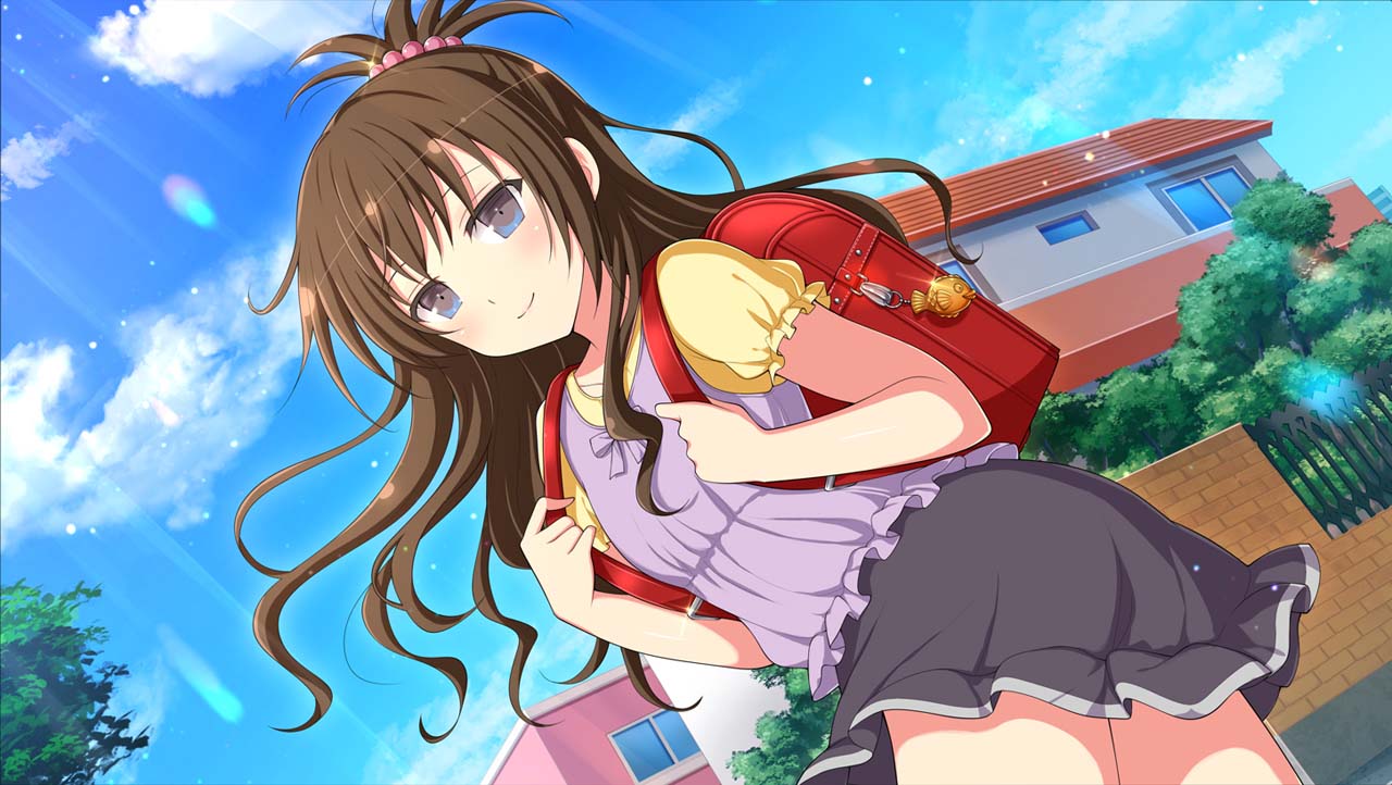 1girl, animal_keychain, backpack, bag, beads, blue_eyes, blue_sky, blush