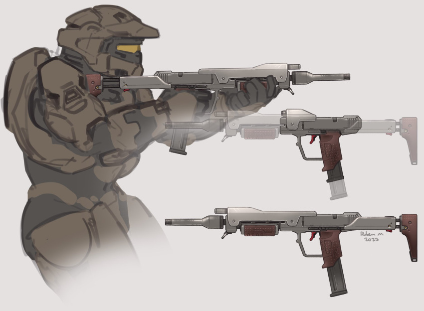 1boy, 2023, artist_name, assault_visor, english_commentary, grey_background, gun, halo_(series), highres, holding, holding_gun, holding_weapon, m6d, male_focus, power_armor, redesign, ruben_menzel, science_fiction, sketch, spartan_(halo), submachine_gun, weapon