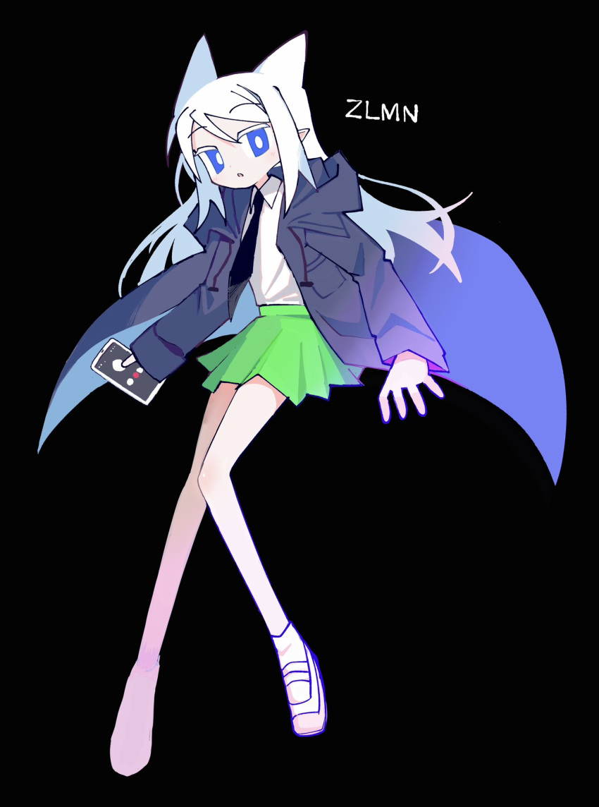 1girl, acronym, black_background, black_necktie, blue_coat, blue_eyes, bright_pupils, cellphone