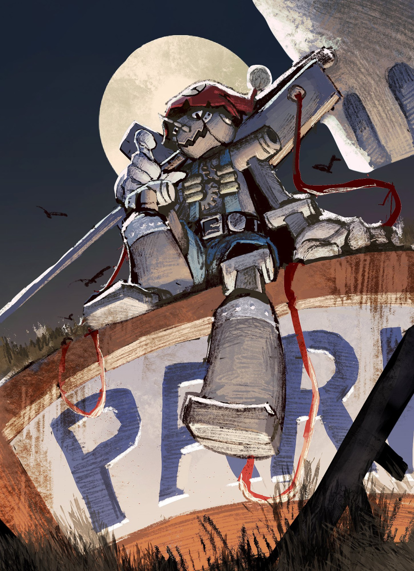 belt, bird, black_belt, bly_mead, digimon, digimon_(creature), full_body, grass, highres, moon, night, park, perspective, pinochimon, pointy_nose, red_headwear, sitting, solo