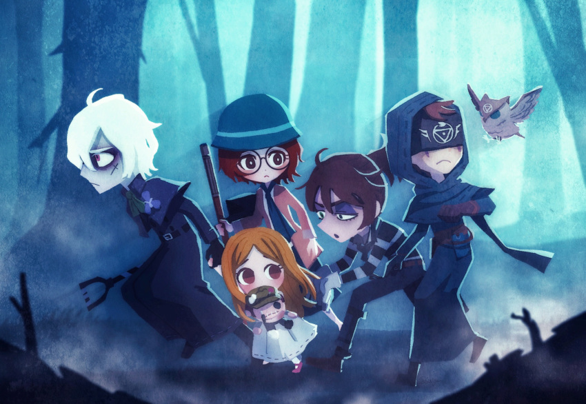 2girls, 3boys, andrew_kreiss, belt, bird, blindfold, blue_headwear, blue_necktie, brown_hair, doll, dress, eli_clark, eyelashes, eyeshadow, fog, forest, frown, gloves, hat, helena_adams, highres, holding, holding_doll, holding_shovel, holding_staff, hood, hood_up, identity_v, long_hair, luca_balsa, makeup, memory_(identity_v), multiple_boys, multiple_girls, nature, necktie, owl, oyu_(mikazuki), round_eyewear, scar, scar_on_cheek, scar_on_face, shirt, short_hair, shovel, staff, striped, striped_shirt, white_dress, white_gloves, white_hair