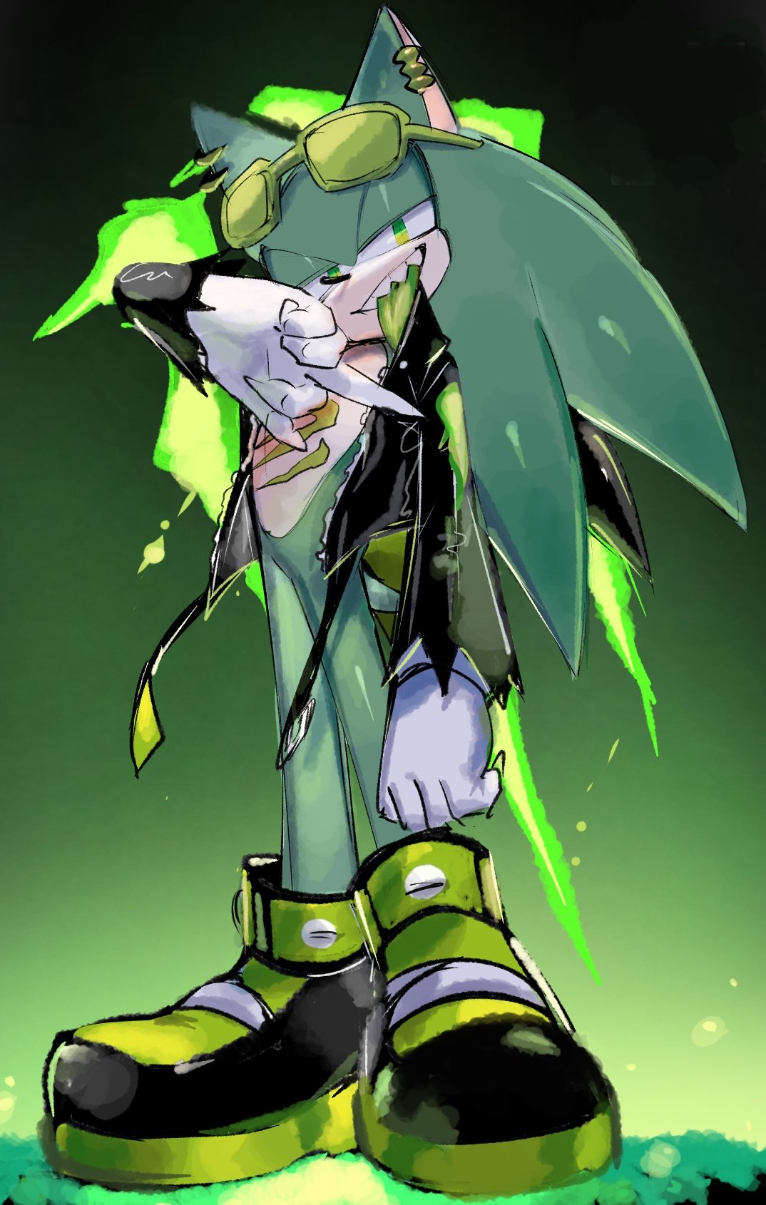 1boy, black_jacket, boots, colored_skin, colored_tongue, eyewear_on_head, furry, furry_male