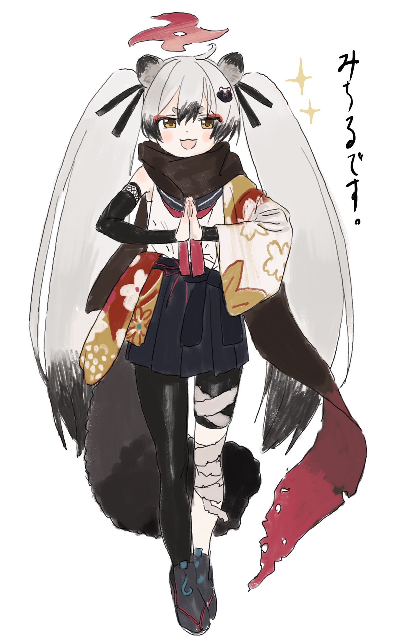 1girl, :3, animal_ears, armor, asymmetrical_legwear, bandaged_leg, bandages, black_hair