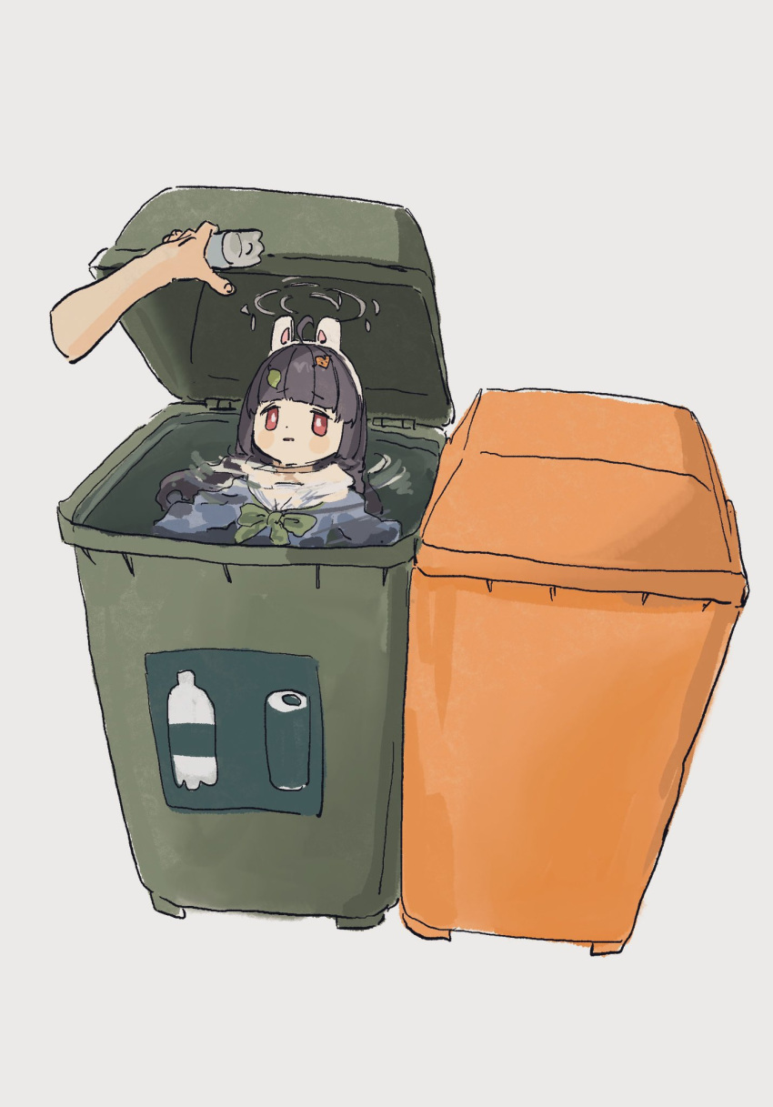 1girl, 1other, ahoge, animal_ear_headphones, animal_ears, black_hair, blue_archive, blue_shirt