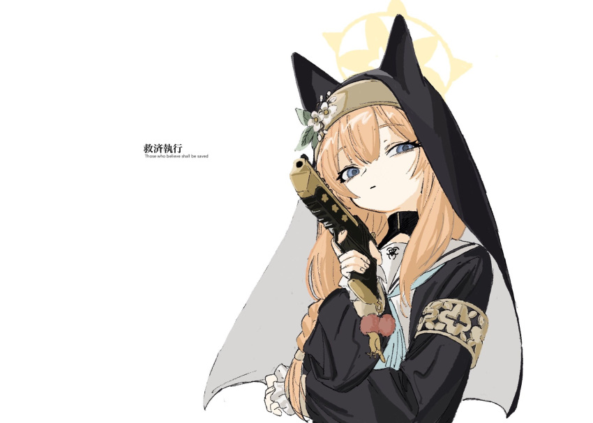 1girl, animal_ear_headwear, animal_ears, arm_across_chest, armband, black_dress, black_undershirt, blue_archive, blue_eyes, blue_neckerchief, braid, charm_(object), closed_mouth, commentary, desert_eagle, dogma_(vocaloid), dress, elbow_rest, empty_eyes, english_text, flower, frilled_sleeves, frills, gomibako_(gomibako_price), gun, habit, hair_flower, hair_ornament, hair_over_shoulder, half-closed_eyes, halo, handgun, highres, holding, holding_gun, holding_weapon, long_hair, long_sleeves, lyrics, mari_(blue_archive), neckerchief, nun, orange_hair, raised_eyebrows, sailor_collar, simple_background, solo, translation_request, upper_body, weapon, white_background, white_flower, white_sailor_collar
