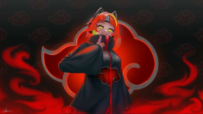 1girl, akatsuki_banmai, animal_ears, black_suit, cloud_print, commentary, dark_background, evil_smile