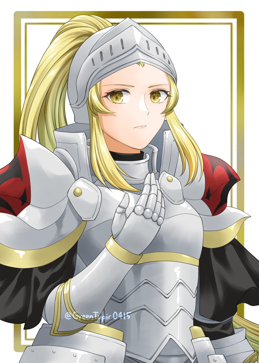 1girl, absurdres, armor, blonde_hair, border, closed_mouth, fire_emblem, fire_emblem_engage, full_armor, gauntlets, hand_on_own_chest, helmet, highres, jade_(fire_emblem), long_hair, long_sleeves, looking_at_viewer, midori_no_baku, pauldrons, plate_armor, ponytail, serious, shoulder_armor, simple_background, solo, twitter_username, very_long_hair, visor_(armor), white_background, yellow_eyes
