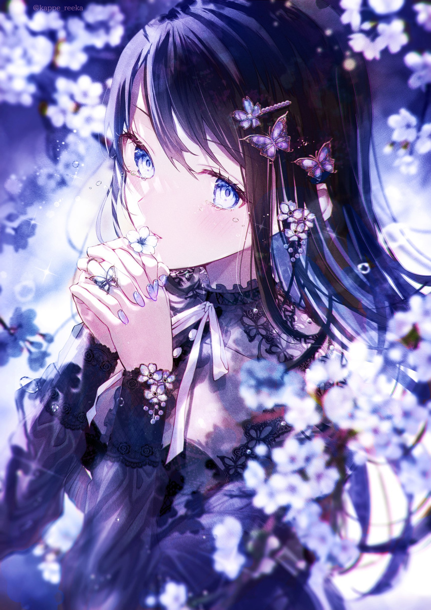 1girl, absurdres, black_dress, blue_eyes, blue_nails, blurry, blurry_background, blush