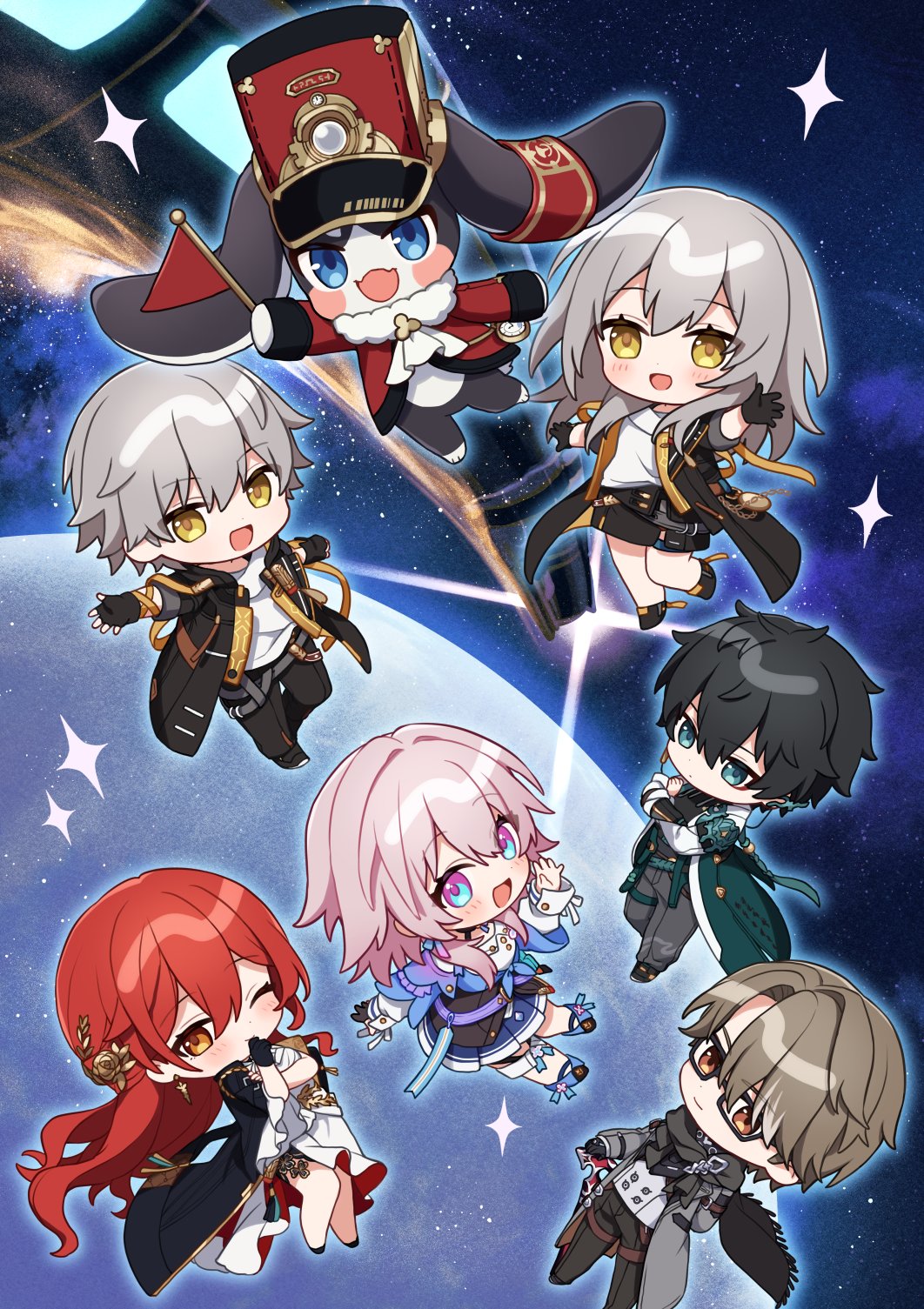 3boys, 3girls, :d, ;), black-framed_eyewear, black_footwear, black_gloves, black_hair