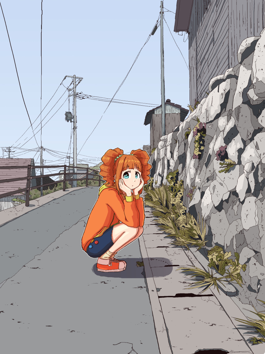 1girl, absurdres, aqua_eyes, building, day, expressionless, full_body, hair_ornament, hair_scrunchie, hands_on_own_cheeks, hands_on_own_face, highres, hood, hoodie, idolmaster, idolmaster_(classic), medium_hair, neko_atsu_(ne5a2), orange_hair, orange_hoodie, outdoors, power_lines, railing, road, scrunchie, shoes, skirt, sky, sneakers, solo, squatting, takatsuki_yayoi, twintails, utility_pole