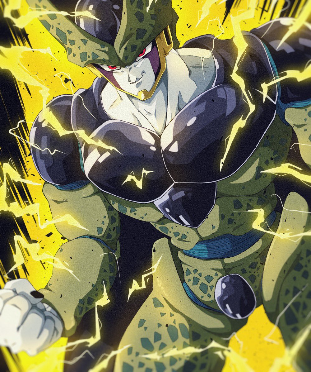 1boy, armor, black_background, black_nails, bure_(fantasticyouth7), cell_(dragon_ball), clenched_hands, closed_mouth