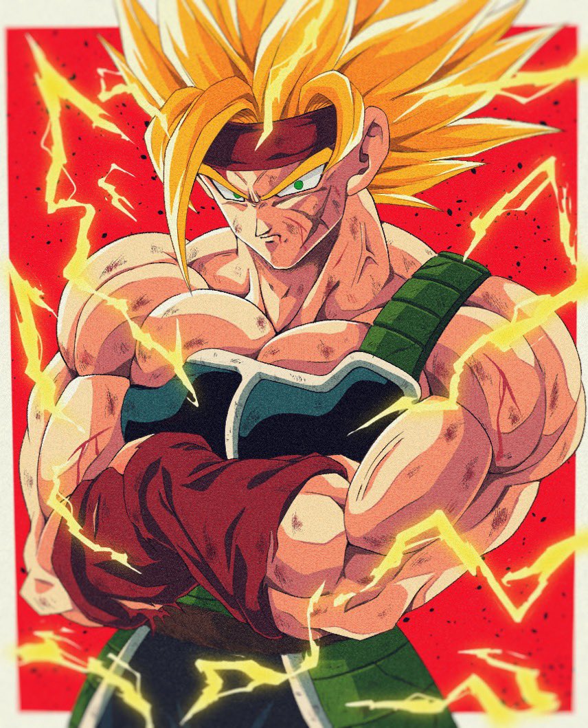 1boy, arm_warmers, armor, bardock, bare_shoulders, biceps, blonde_hair, blood, border, bure_(fantasticyouth7), closed_mouth, collarbone, commentary_request, crossed_arms, dragon_ball, dragon_ball_z, electricity, energy, frown, green_eyes, headband, looking_at_viewer, male_focus, muscular, muscular_male, outside_border, pectorals, red_background, red_headband, saiyan_armor, scar, scar_on_cheek, scar_on_face, scratches, simple_background, solo, spiky_hair, super_saiyan, super_saiyan_1, torn_clothes, upper_body, v-shaped_eyebrows, veins, white_border