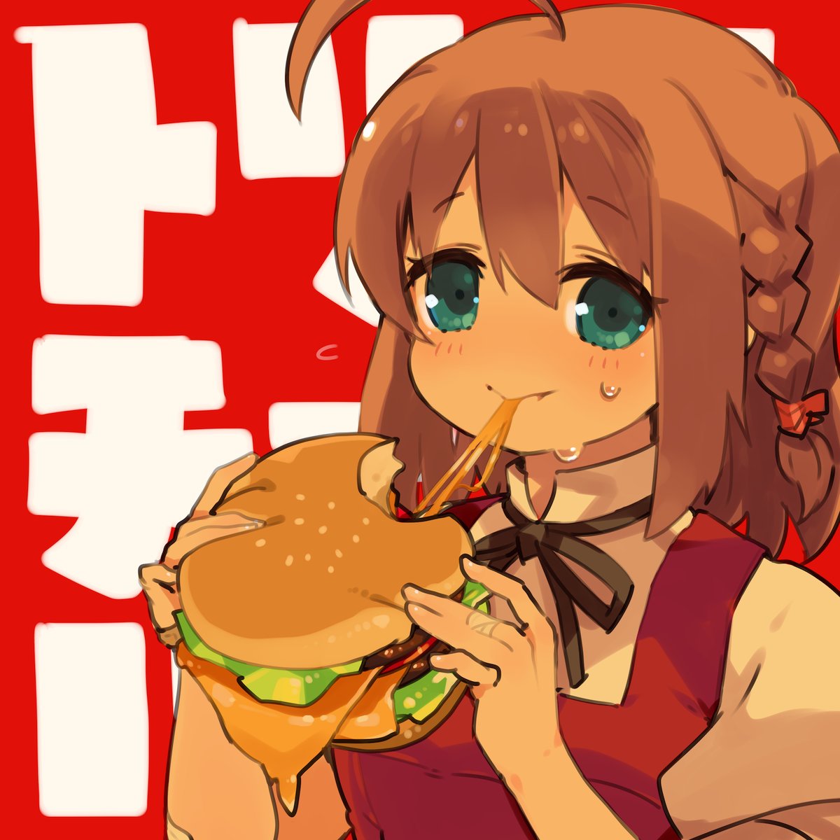 1girl, blue_eyes, braid, brown_hair, burger, eating, food, highres