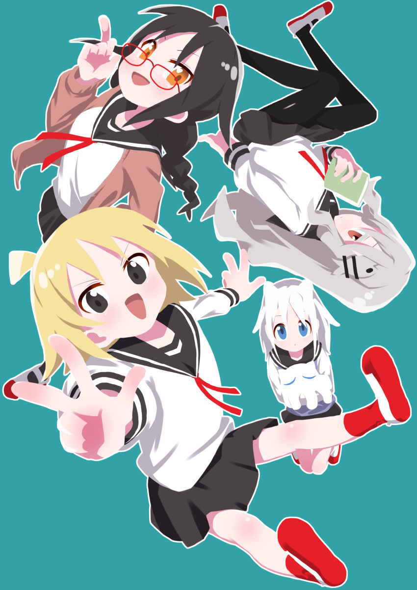4girls, absurdres, agoshi_sakina, ahoge, aqua_background, black_hair, black_pantyhose, black_sailor_collar, black_skirt, blonde_hair, book, braid, brown_cardigan, cardigan, cereal_(cerealoekaki), commentary_request, creature, double_w, fish_hair_ornament, glasses, grey_hair, hair_horns, hair_ornament, hand_up, highres, holding, holding_book, holding_creature, index_finger_raised, knees_together_feet_apart, knees_up, long_hair, long_sleeves, medium_hair, moneko_(null-meta), multiple_girls, neck_ribbon, null-meta, open_cardigan, open_clothes, outline, outstretched_hand, pantyhose, pleated_skirt, red-framed_eyewear, red_ribbon, red_socks, ribbon, sailor_collar, school_uniform, serafuku, shirt, shoes, short_hair, sidelocks, skirt, socks, souen_chiaki, takada_shiyuki, uozumi_kurumi, uwabaki, w, wavy_hair, white_hair, white_outline, white_shirt, yellow_eyes