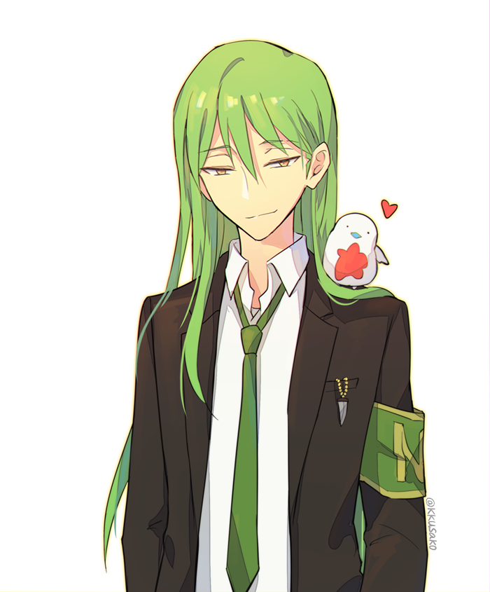 1boy, animal_on_shoulder, bird, bird_on_shoulder, black_jacket, collared_shirt, green_armband, green_hair, green_necktie, heart, jacket, kkusako, lobotomy_corporation, long_hair, long_sleeves, necktie, netzach_(project_moon), open_clothes, open_jacket, project_moon, punishing_bird, shirt, simple_background, upper_body, white_background, white_shirt, yellow_eyes