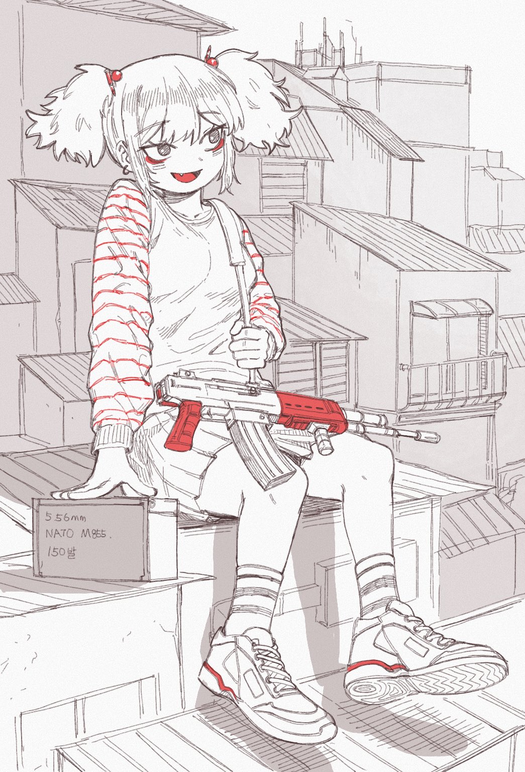 1girl, :d, ammunition_box, breasts, building, commentary, english_commentary, fang