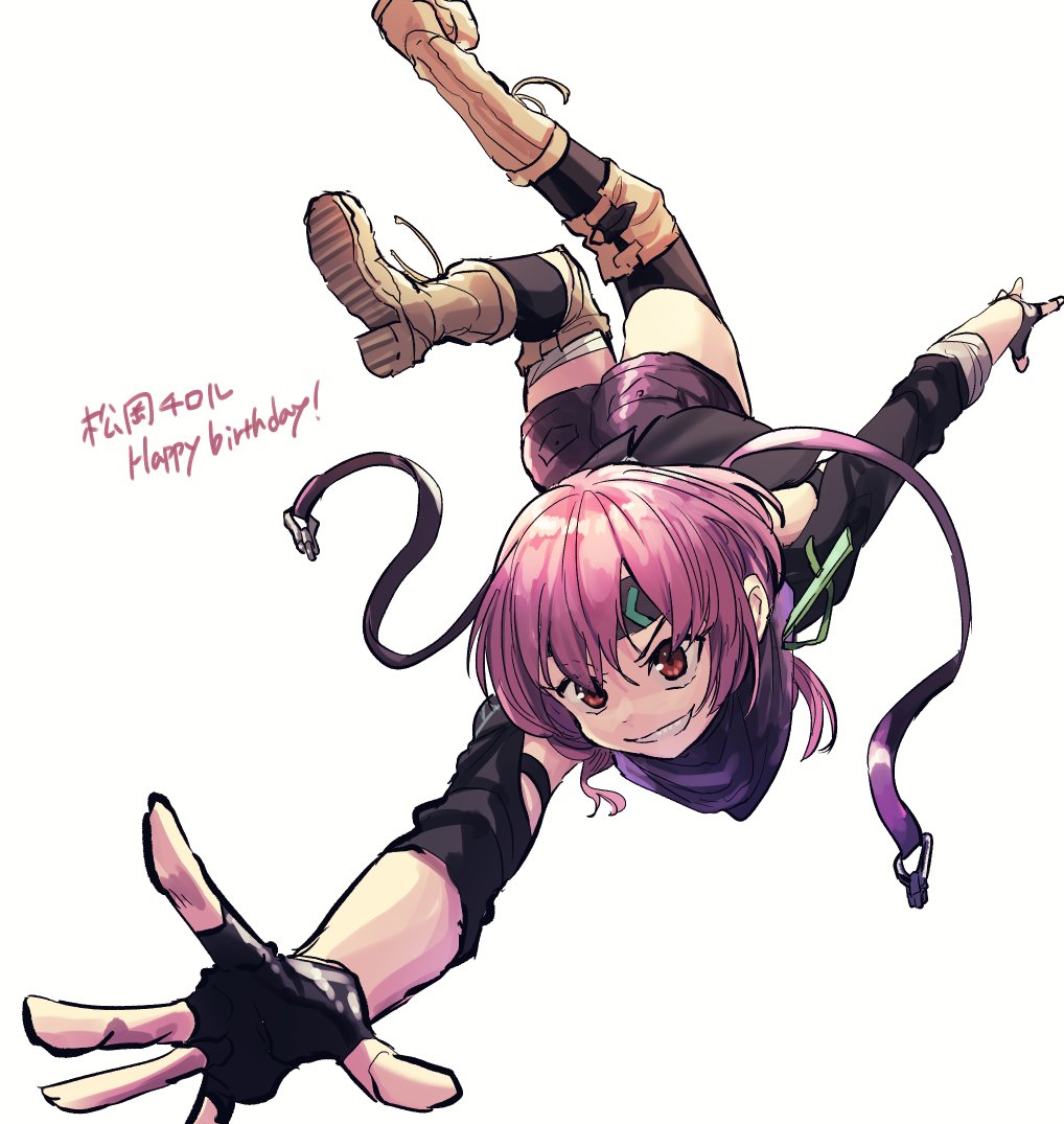 1girl, benbe, birthday, black_cape, black_gloves, black_headband, black_leggings, black_shorts