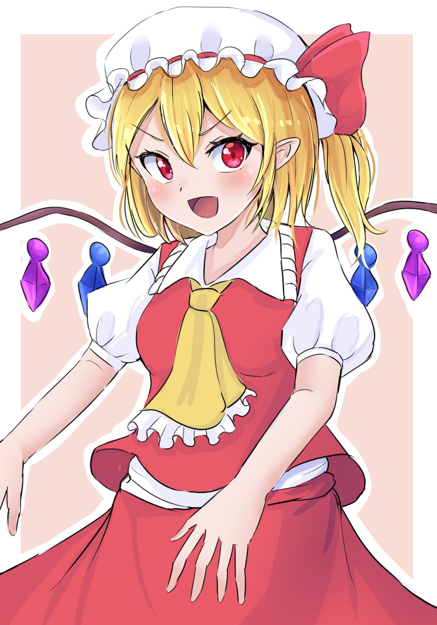 1girl, :d, alternate_hairstyle, arms_up, ascot, blonde_hair, blush, breasts, cowboy_shot, crystal, flandre_scarlet, frilled_shirt_collar, frills, hair_between_eyes, hat, highres, houri_sh, looking_at_viewer, mob_cap, open_mouth, pink_background, ponytail, puffy_short_sleeves, puffy_sleeves, red_eyes, red_skirt, red_vest, short_hair, short_sleeves, skirt, skirt_set, small_breasts, smile, solo, touhou, v-shaped_eyebrows, vest, wings, yellow_ascot
