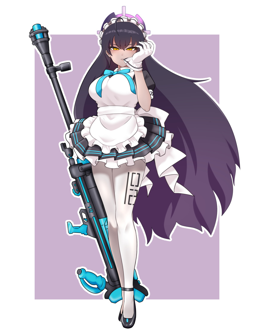 1girl, absurdres, adjusting_clothes, adjusting_gloves, anti-materiel_rifle, apron, black_footwear, black_hair