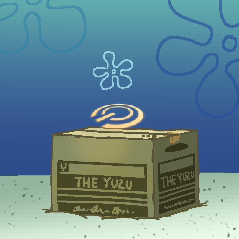 blue_archive, box, cardboard_box, commentary, concha_(mamecha), crossover, english_commentary, english_text, halo, hiding, in_box, in_container, no_humans, ocean, ocean_bottom, parody, spongebob_squarepants, underwater, yuzu_(blue_archive), yuzu_(maid)_(blue_archive)