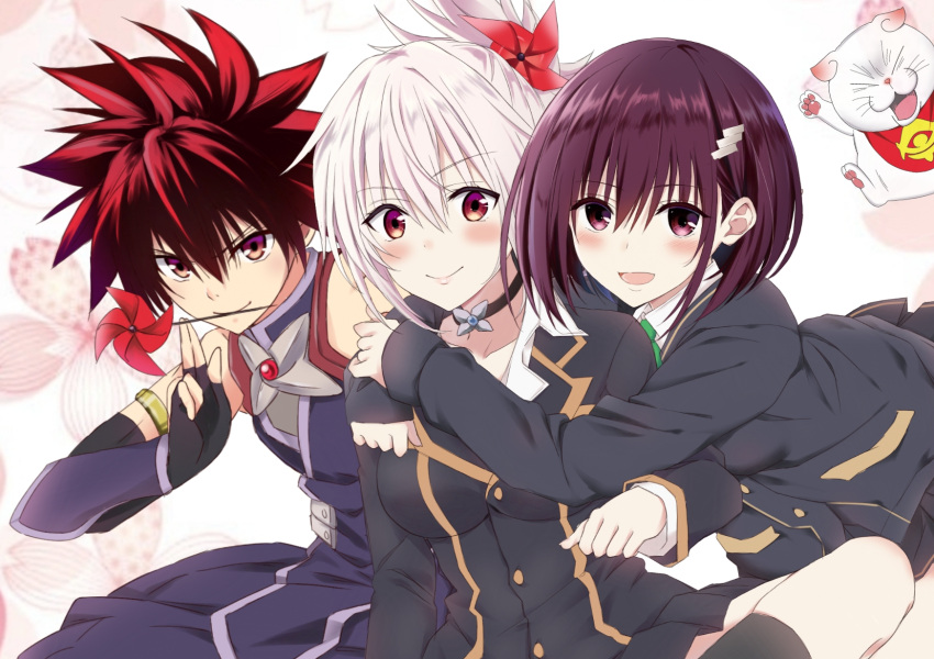 1boy, 2girls, ayakashi_triangle, black_hair, cat, choker, floral_background, folded_ponytail, gangshangguang_(smjy5842), genderswap, green_necktie, hair_ornament, hairpin, highres, hug, kanade_suzu, kazamaki_matsuri, kazamaki_matsuri_(female), kazamaki_matsuri_(male), looking_at_viewer, medium_hair, multiple_girls, necktie, ninja, pinwheel, pinwheel_hair_ornament, purple_hair, red_eyes, redhead, school_uniform, shirogane_(ayatora), smile, socks, spiky_hair, violet_eyes