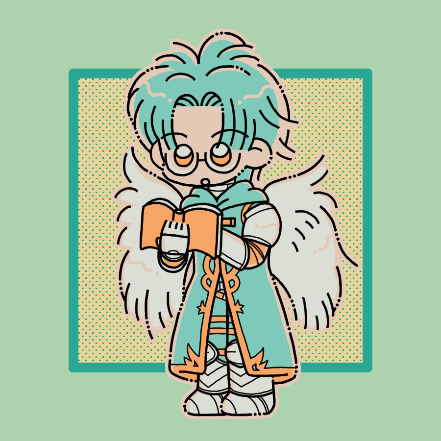 1girl, altair_(granblue_fantasy), angel_wings, blue_border, blue_robe, book, border, granblue_fantasy, holding, holding_book, hooded_robe, limited_palette, male_focus, metal_boots, metal_gloves, miyoshi-h, open_book, open_mouth, orange_eyes, parted_bangs, robe, round_eyewear, short_hair, solo, white_wings, wings