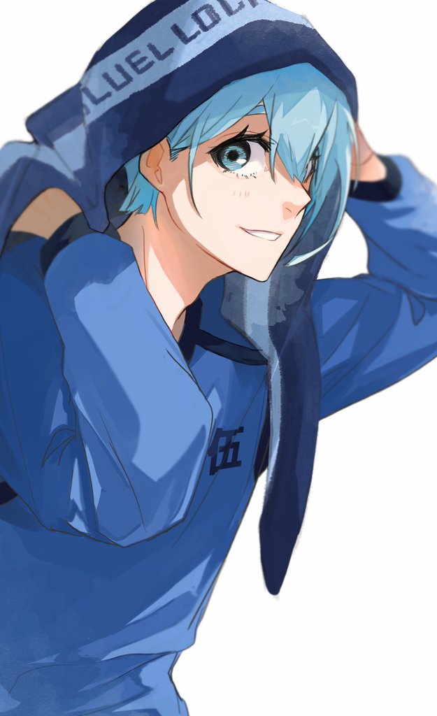 1boy, blue_eyes, blue_hair, blue_lock, blue_shirt, cowboy_shot, hands_up, l_z8h