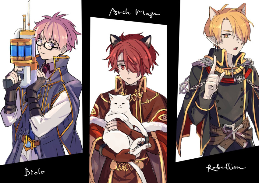 3boys, animal, arch_mage_(ragnarok_online), belt, biolo_(ragnarok_online), black-framed_eyewear, black_coat, blonde_hair, brown_belt, brown_cape, brown_gloves, buttons, cape, cat, character_name, chinese_commentary, closed_mouth, coat, commentary_request, cowboy_shot, cross, cross_necklace, double-breasted, earrings, emblem, expressionless, fingerless_gloves, glasses, gloves, hair_between_eyes, hair_over_one_eye, highres, holding, holding_animal, holding_cat, holding_syringe, index_finger_raised, jewelry, long_bangs, long_sleeves, looking_at_viewer, military, military_uniform, multiple_boys, necklace, necktie, open_mouth, pants, pink_hair, pointy_ears, ragnarok_online, rebellion_(ragnarok_online), red_eyes, red_necktie, redhead, ruche_ro, semi-rimless_eyewear, shirt, short_hair, smile, syringe, under-rim_eyewear, uniform, violet_eyes, white_background, white_cat, white_pants, white_shirt, yellow_eyes