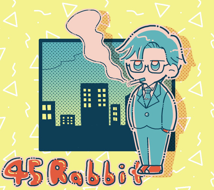 1boy, bright_pupils, character_name, cigarette, collared_shirt, formal, hands_in_pockets, hypnosis_mic, iruma_jyuto, limited_palette, mad_trigger_crew, male_focus, miyoshi-h, necktie, parted_hair, red_footwear, semi-rimless_eyewear, shirt, short_hair, skyline, smoke, smoking, solo, suit, white_pupils, yellow_background