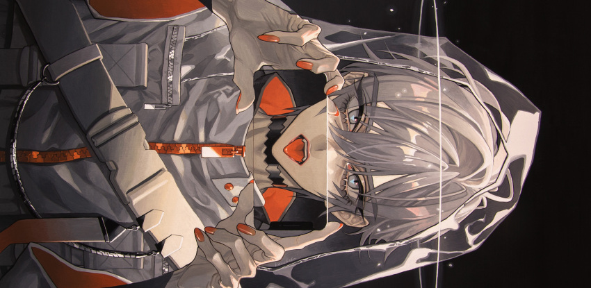 1boy, absurdres, acrylic_paint_(medium), bad_link, black_background, black_choker, cellphone, choker, cropped, exif_rotation, grey_eyes, grey_hair, grey_jacket, hair_between_eyes, highres, holding, holding_phone, hood, hood_up, hooded_jacket, jacket, kazchiko, layered_sleeves, long_bangs, long_sleeves, looking_at_viewer, male_focus, nail_polish, open_mouth, orange_nails, original, painting_(medium), phone, see-through_hood, short_hair, smartphone, snap-fit_buckle, solo, standing, straight-on, strap, tongue, tongue_out, traditional_media, two-sided_fabric, two-sided_jacket, upper_body, zipper, zipper_pull_tab