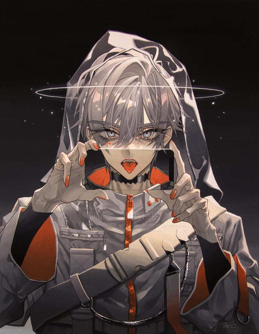 1boy, acrylic_paint_(medium), black_background, black_choker, cellphone, choker, commentary_request, gradient_background