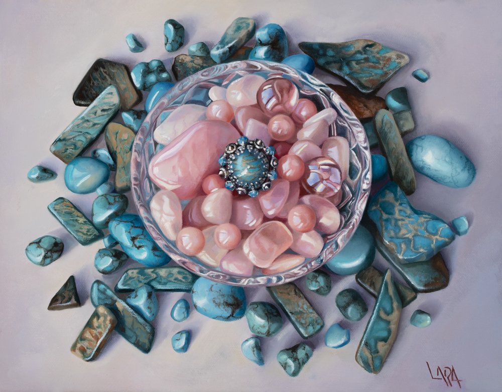 artist_name, bowl, gem, grey_background, lara_restelli, no_humans, oil_painting_(medium), original, painting_(medium), rock, rose_quartz_(gemstone), still_life, traditional_media, turquoise_(gemstone)