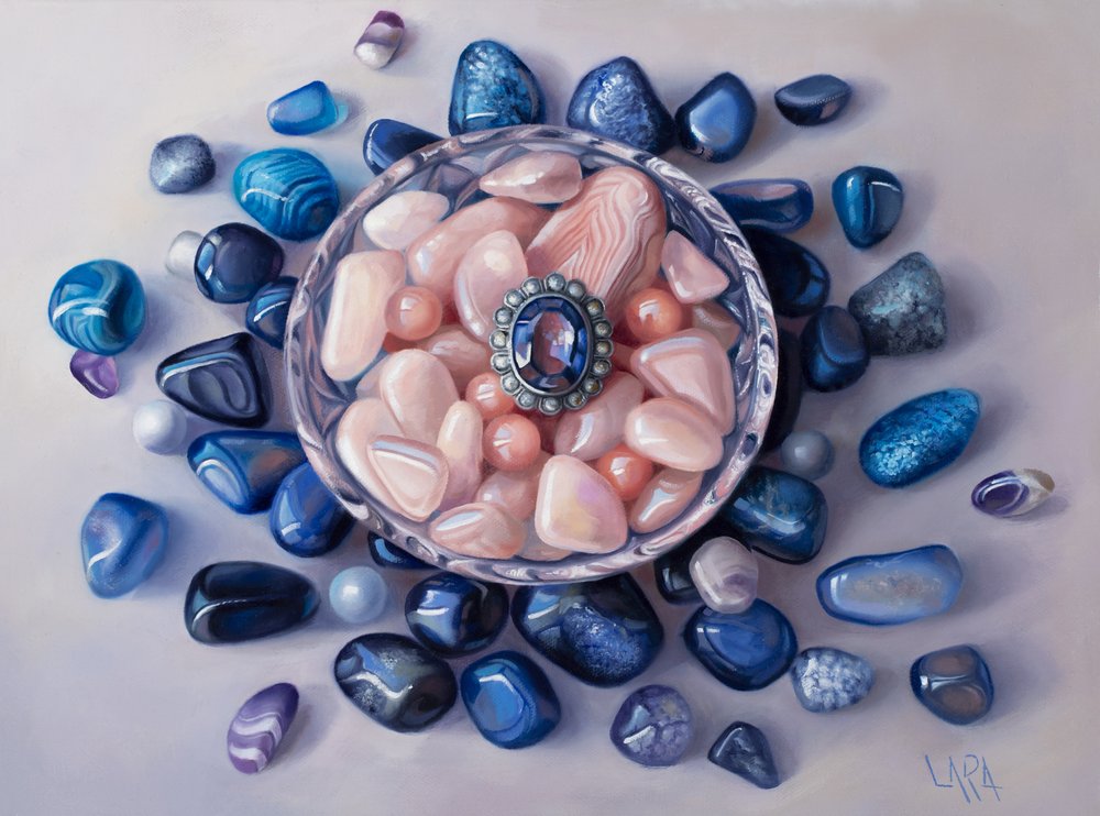 agate, artist_name, bowl, gem, lara_restelli, no_humans, oil_painting_(medium), original, painting_(medium), purple_gemstone, rock, still_life, traditional_media
