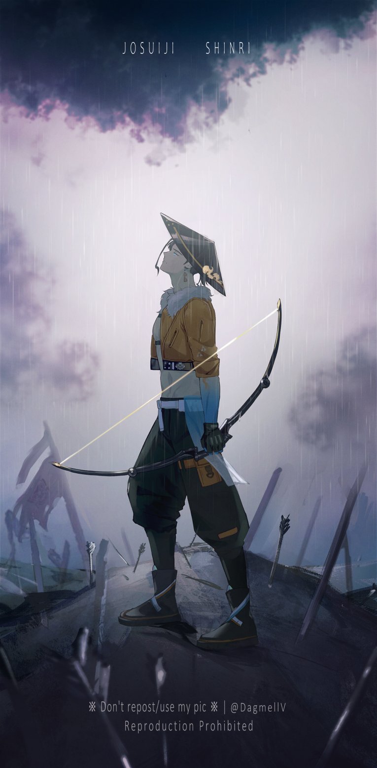 1boy, ajirogasa, ankle_boots, arrow_(projectile), black_footwear, black_gloves, black_hair, black_headwear, black_pants, blue_eyes, blue_skin, boots, bow_(weapon), closed_mouth, clouds, colored_skin, cropped_jacket, dagmellv, earrings, fingerless_gloves, flag, from_side, fur-trimmed_jacket, fur_trim, gloves, gradient_skin, hat, highres, holding, holding_bow_(weapon), holding_weapon, holostars, holostars_english, jacket, jewelry, josuiji_shinri, long_hair, looking_up, male_focus, midriff, no_shirt, orange_jacket, pants, planted, planted_arrow, ponytail, profile, rain, sleeves_rolled_up, solo, standing, virtual_youtuber, weapon