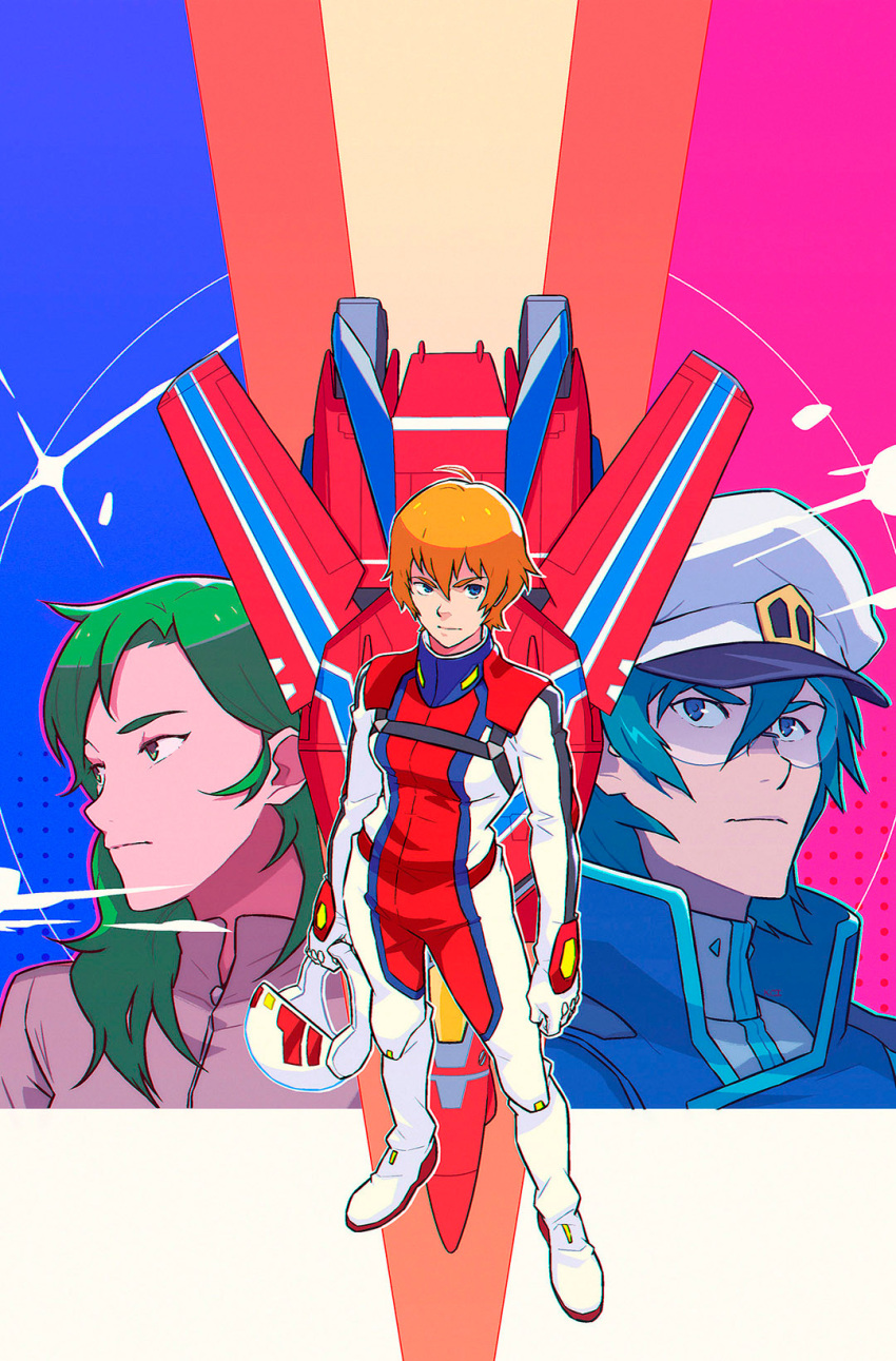 1boy, 2girls, alien, blonde_hair, blue_hair, choujikuu_kidan_southern_cross, comic_cover, couple