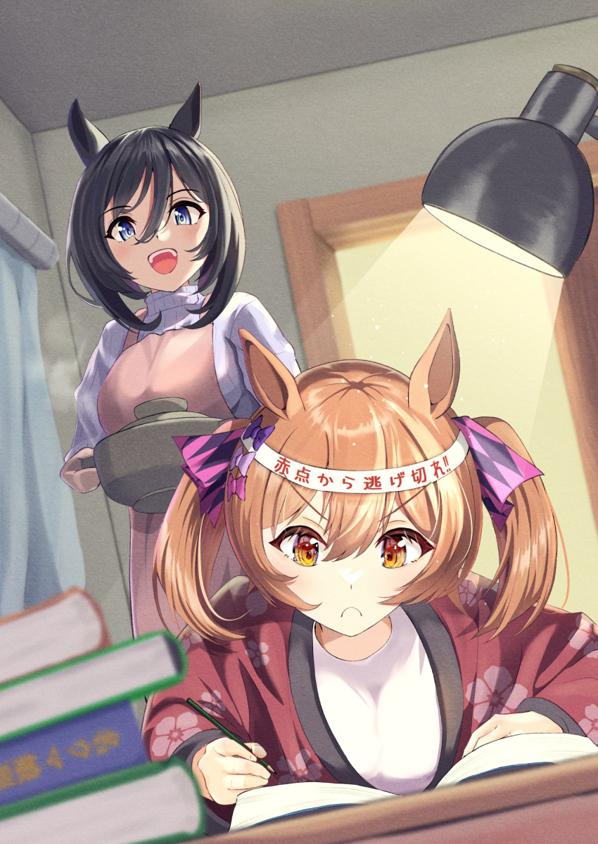 2girls, animal_ears, apron, black_hair, blue_eyes, book, bow, brown_hair