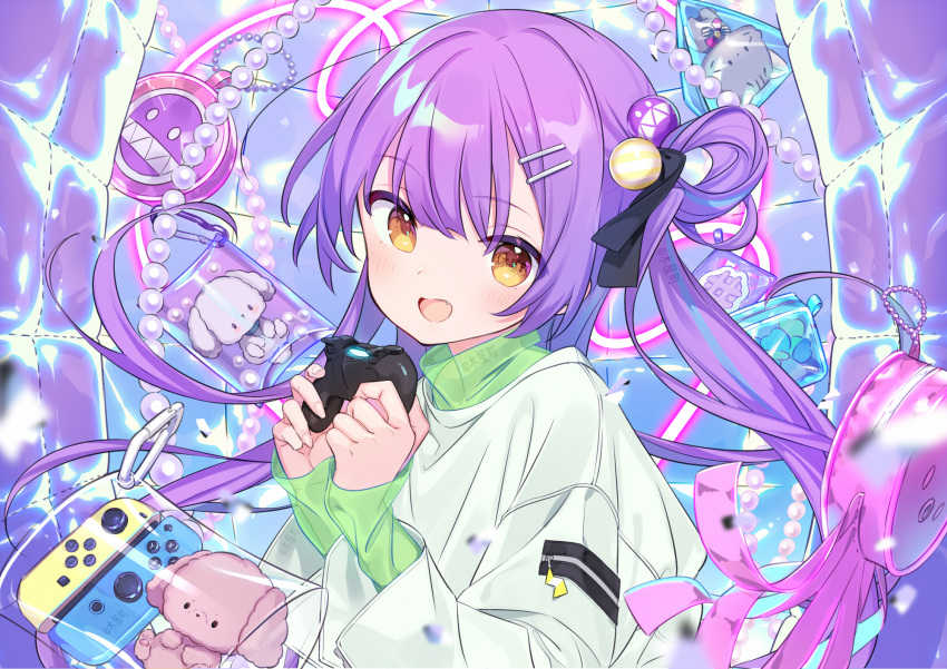 1girl, bag, blue_bag, blue_hair, blurry, blurry_foreground, commentary_request, controller