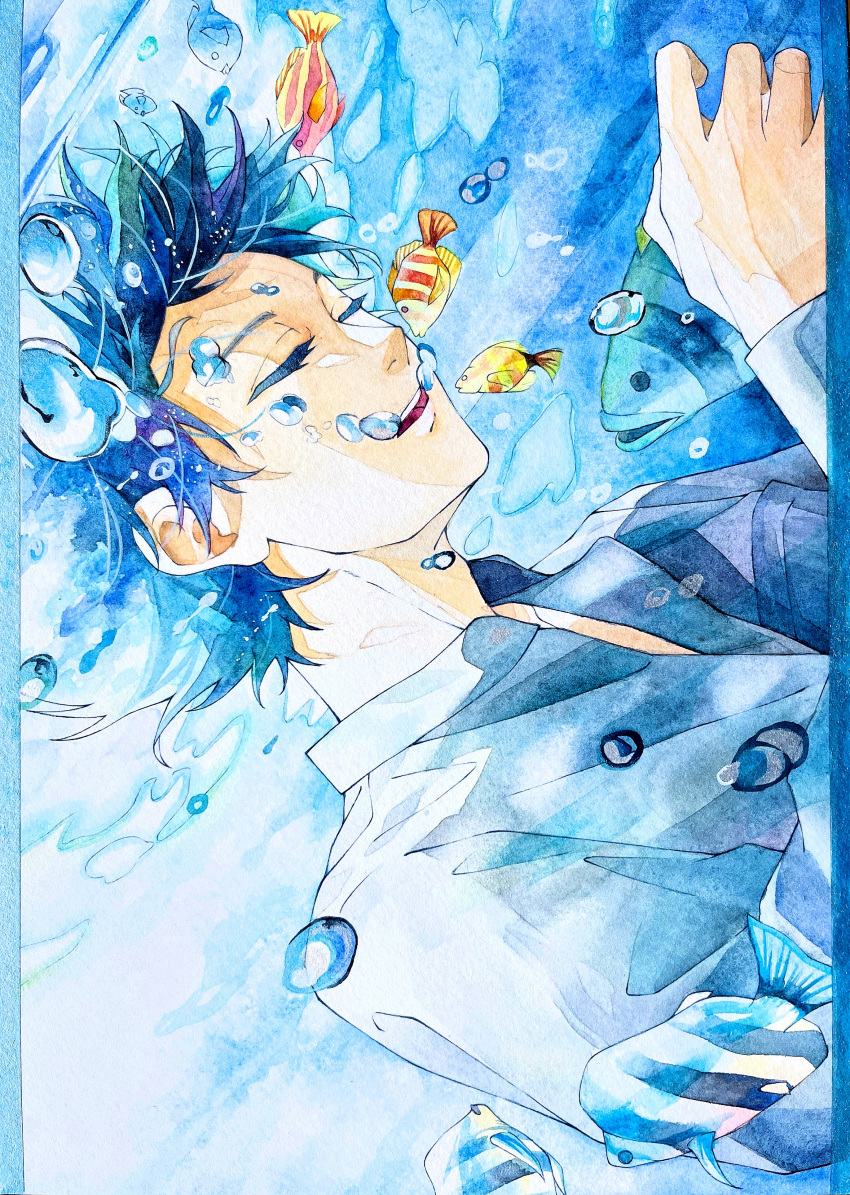 1boy, absurdres, acf_creator, air_bubble, blue_hair, blue_theme, bubble, closed_eyes