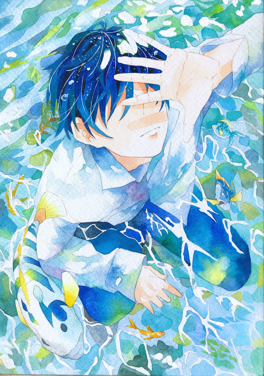 1boy, absurdres, acf_creator, arm_up, blue_hair, blue_pants, blue_theme, collared_shirt